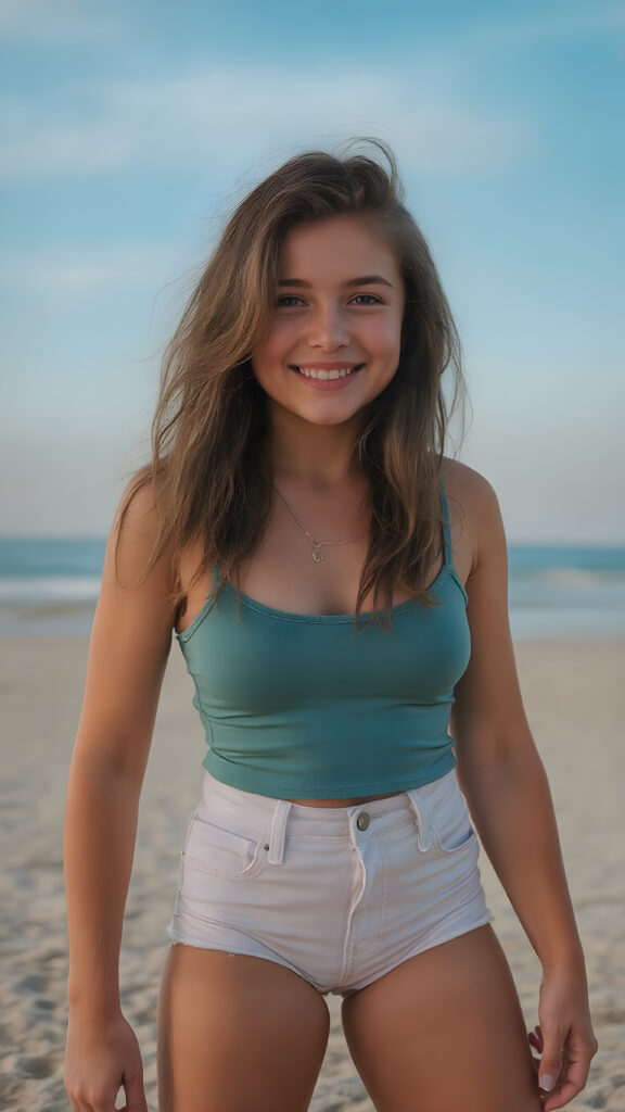 full body shot of a (((very happy teen girl))) with warm, sun-kissed skin and long, softly curled ((black hair)), wearing a tight-fitting, short ((teal top)) and (tight (white denim jean shorts)), posed confidently on a (sandy beach) under a (softly glowing (sky))