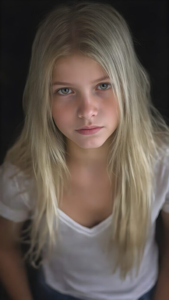 full body shot of a stunningly beautiful young girl, age 15, with ((white long straight jet hair (luminous)), flowing down to her waist, and (((bright amber eyes))), that match perfectly with her flawless complexion. She's dressed in a tight ((white short t-shirt, deep v-neck)), and ((cute (flared) jeans)), perfectly complemented by her (perfectly proportioned figure). Her look exudes seduction and playfulness, as she gazes directly at the viewer. Her focus on the camera is intense, with a soft, inviting expression that draws you in. The background is black, providing a perfect contrast to her youthful face, and making her features stand out perfectly. This full body shot captures her perfectly proportioned figure, and luxurious jet hair that flows down to her waist. She exudes an air of youthful confidence and playfulness, making this shot truly breathtaking.