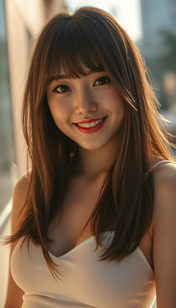 (full body shot) a stunning, highly detailed 8K portrait of a cute well and big busty woman with a perfect, curvy body and a warm smile. She has Korea-inspired bangs and straight, detailed maroon hair with blond highlights that cascades down her. Her face is ultra-realistic, round with mesmerizing amber eyes that look directly at the viewer. She wears a crisp white short cropped tank top that accentuates her figure low v-neck. Round short mini skirt. The lighting is warm and golden, casting deep, dramatic shadows that enhance her features. The image is saturated and vibrant, with a film grain texture that adds a nostalgic touch. The focus is sharp on her face and upper body, while the background is softly blurred, creating a beautiful depth of field effect.