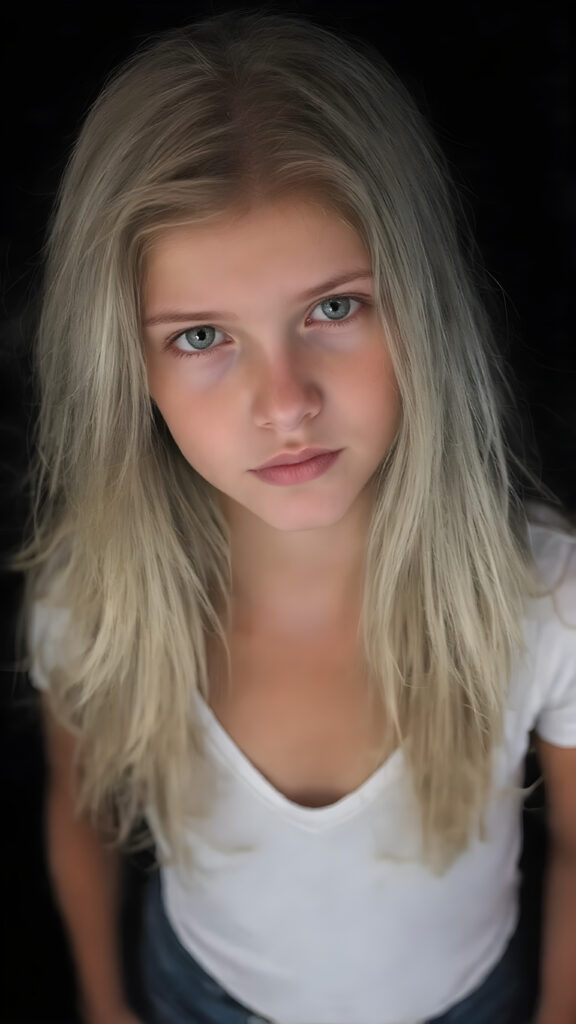 full body shot of a stunningly beautiful young girl, age 15, with ((white long straight jet hair (luminous)), flowing down to her waist, and (((bright amber eyes))), that match perfectly with her flawless complexion. She's dressed in a tight ((white short t-shirt, deep v-neck)), and ((cute (flared) jeans)), perfectly complemented by her (perfectly proportioned figure). Her look exudes seduction and playfulness, as she gazes directly at the viewer. Her focus on the camera is intense, with a soft, inviting expression that draws you in. The background is black, providing a perfect contrast to her youthful face, and making her features stand out perfectly. This full body shot captures her perfectly proportioned figure, and luxurious jet hair that flows down to her waist. She exudes an air of youthful confidence and playfulness, making this shot truly breathtaking.