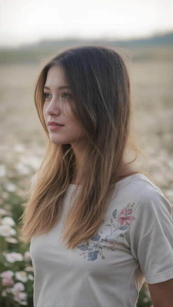 full body side image of a breathtakingly beautiful 19-year-old girl, showcasing her radiant complexion and striking long, straight brown hair framed by her exuding a serene and natural elegance. She is captivated by the vast, captivating flower field, her eyes reflecting the enchantment of the moment. Her attire is a perfectly executed (((lifted short t-shirt))), a masterpiece crafted from the finest fabric, highlighting her graceful figure in all the right places. The T-Shirt features intricate floral patterns and luxurious textures, perfectly accentuating her youthful beauty. Her hair is styled in loose, natural waves, adding to the ethereal atmosphere of the scene. The overall mood of the picture is one of youthful vitality and natural elegance, perfect body and face and a smile that radiates warmth and charm