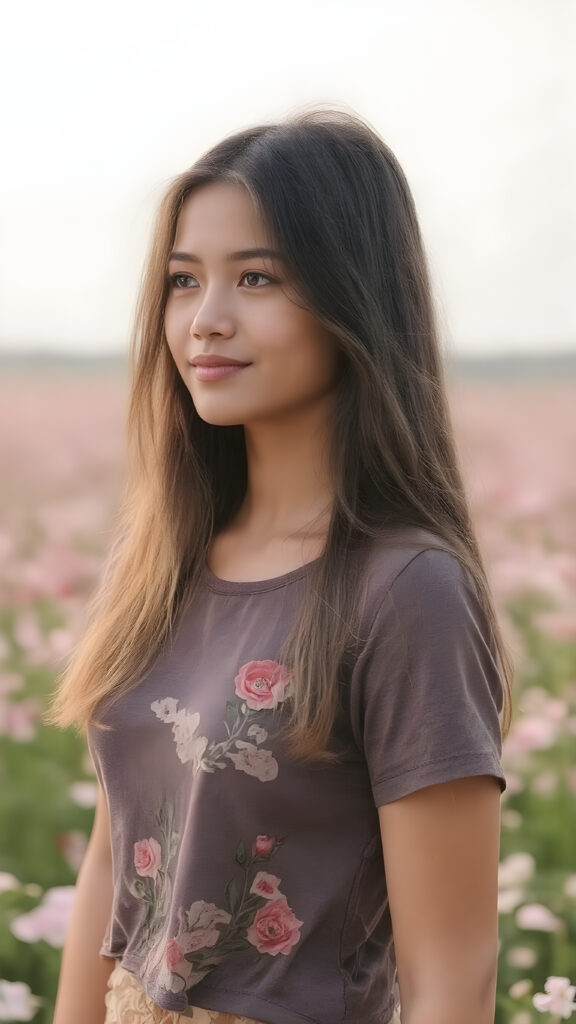 full body side image of a breathtakingly beautiful 19-year-old girl, showcasing her radiant complexion and striking long, straight brown hair framed by her exuding a serene and natural elegance. She is captivated by the vast, captivating flower field, her eyes reflecting the enchantment of the moment. Her attire is a perfectly executed (((lifted short t-shirt))), a masterpiece crafted from the finest fabric, highlighting her graceful figure in all the right places. The T-Shirt features intricate floral patterns and luxurious textures, perfectly accentuating her youthful beauty. Her hair is styled in loose, natural waves, adding to the ethereal atmosphere of the scene. The overall mood of the picture is one of youthful vitality and natural elegance, perfect body and face and a smile that radiates warmth and charm