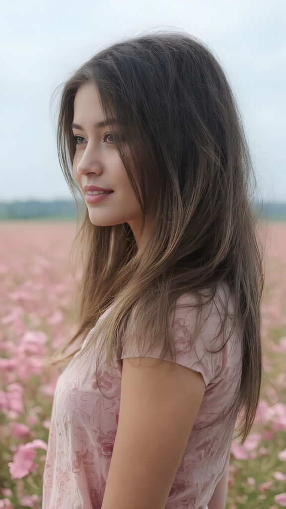 full body side image of a breathtakingly beautiful 19-year-old girl, showcasing her radiant complexion and striking long, straight brown hair framed by her exuding a serene and natural elegance. She is captivated by the vast, captivating flower field, her eyes reflecting the enchantment of the moment. Her attire is a perfectly executed (((lifted short t-shirt))), a masterpiece crafted from the finest fabric, highlighting her graceful figure in all the right places. The T-Shirt features intricate floral patterns and luxurious textures, perfectly accentuating her youthful beauty. Her hair is styled in loose, natural waves, adding to the ethereal atmosphere of the scene. The overall mood of the picture is one of youthful vitality and natural elegance, perfect body and face and a smile that radiates warmth and charm