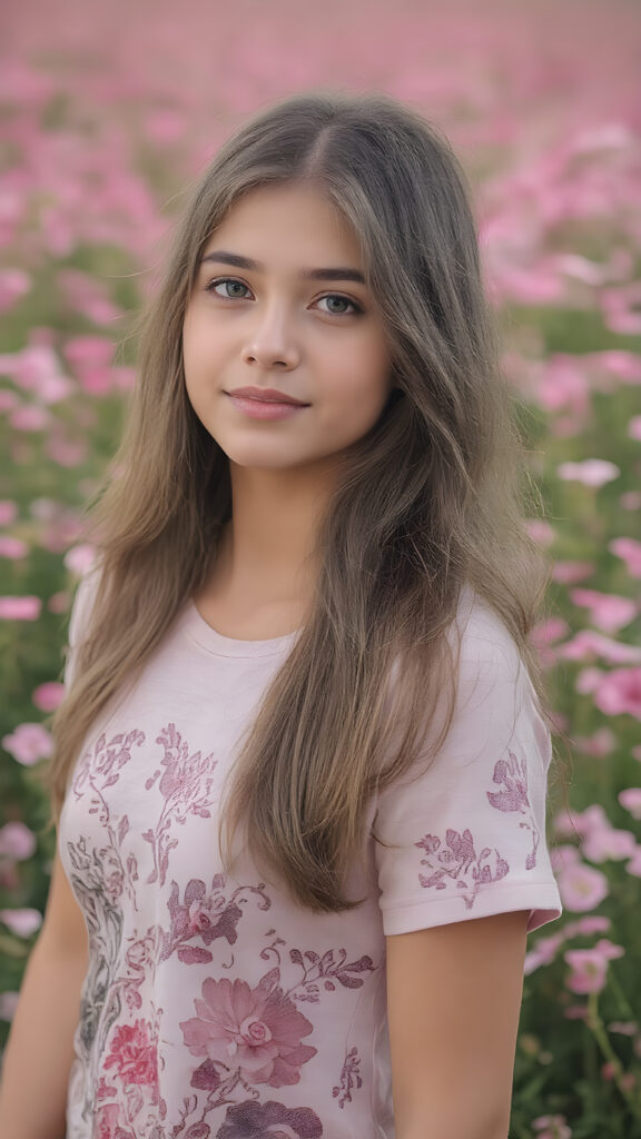 full body side image of a breathtakingly beautiful 19-year-old girl, showcasing her radiant complexion and striking long, straight brown hair framed by her exuding a serene and natural elegance. She is captivated by the vast, captivating flower field, her eyes reflecting the enchantment of the moment. Her attire is a perfectly executed (((lifted short t-shirt))), a masterpiece crafted from the finest fabric, highlighting her graceful figure in all the right places. The T-Shirt features intricate floral patterns and luxurious textures, perfectly accentuating her youthful beauty. Her hair is styled in loose, natural waves, adding to the ethereal atmosphere of the scene. The overall mood of the picture is one of youthful vitality and natural elegance, perfect body and face and a smile that radiates warmth and charm