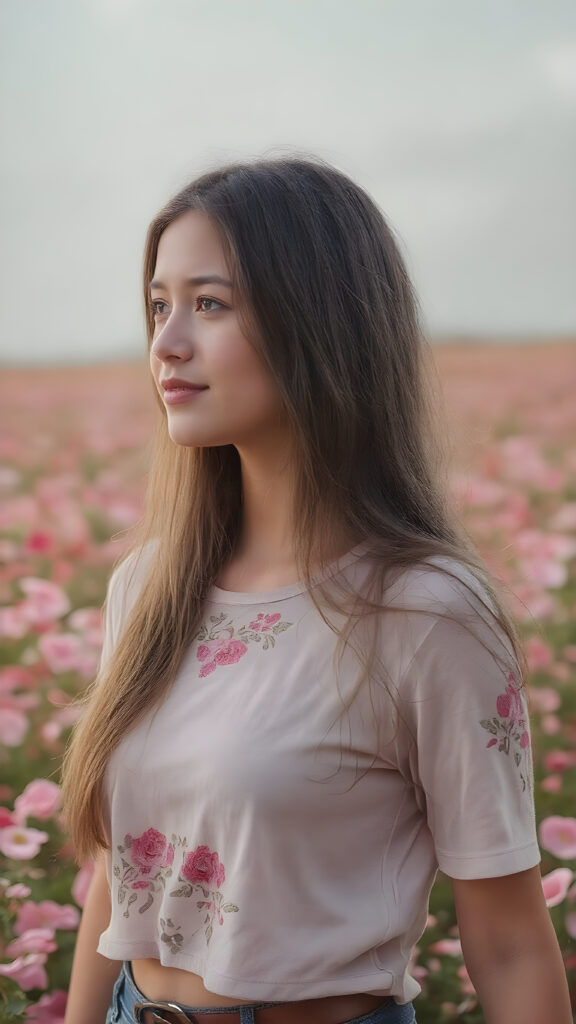full body side image of a breathtakingly beautiful 19-year-old girl, showcasing her radiant complexion and striking long, straight brown hair framed by her exuding a serene and natural elegance. She is captivated by the vast, captivating flower field, her eyes reflecting the enchantment of the moment. Her attire is a perfectly executed (((lifted short t-shirt))), a masterpiece crafted from the finest fabric, highlighting her graceful figure in all the right places. The T-Shirt features intricate floral patterns and luxurious textures, perfectly accentuating her youthful beauty. Her hair is styled in loose, natural waves, adding to the ethereal atmosphere of the scene. The overall mood of the picture is one of youthful vitality and natural elegance, perfect body and face and a smile that radiates warmth and charm