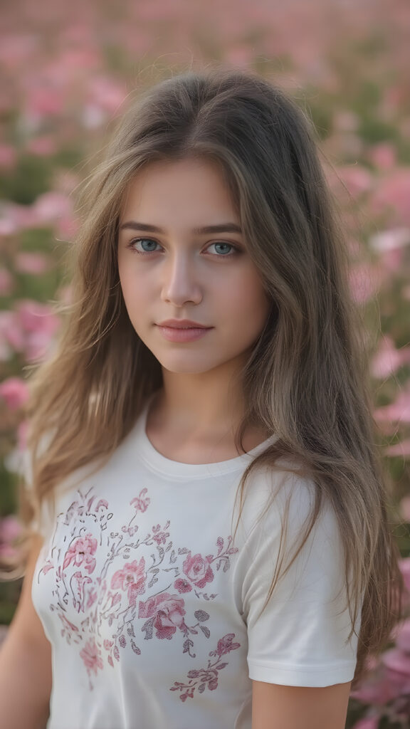 full body side image of a breathtakingly beautiful 19-year-old girl, showcasing her radiant complexion and striking long, straight brown hair framed by her exuding a serene and natural elegance. She is captivated by the vast, captivating flower field, her eyes reflecting the enchantment of the moment. Her attire is a perfectly executed (((lifted short t-shirt))), a masterpiece crafted from the finest fabric, highlighting her graceful figure in all the right places. The T-Shirt features intricate floral patterns and luxurious textures, perfectly accentuating her youthful beauty. Her hair is styled in loose, natural waves, adding to the ethereal atmosphere of the scene. The overall mood of the picture is one of youthful vitality and natural elegance, perfect body and face and a smile that radiates warmth and charm