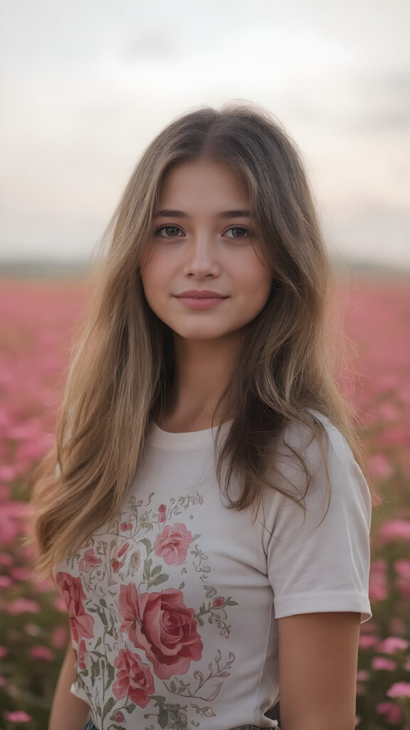 full body side image of a breathtakingly beautiful 19-year-old girl, showcasing her radiant complexion and striking long, straight brown hair framed by her exuding a serene and natural elegance. She is captivated by the vast, captivating flower field, her eyes reflecting the enchantment of the moment. Her attire is a perfectly executed (((lifted short t-shirt))), a masterpiece crafted from the finest fabric, highlighting her graceful figure in all the right places. The T-Shirt features intricate floral patterns and luxurious textures, perfectly accentuating her youthful beauty. Her hair is styled in loose, natural waves, adding to the ethereal atmosphere of the scene. The overall mood of the picture is one of youthful vitality and natural elegance, perfect body and face and a smile that radiates warmth and charm