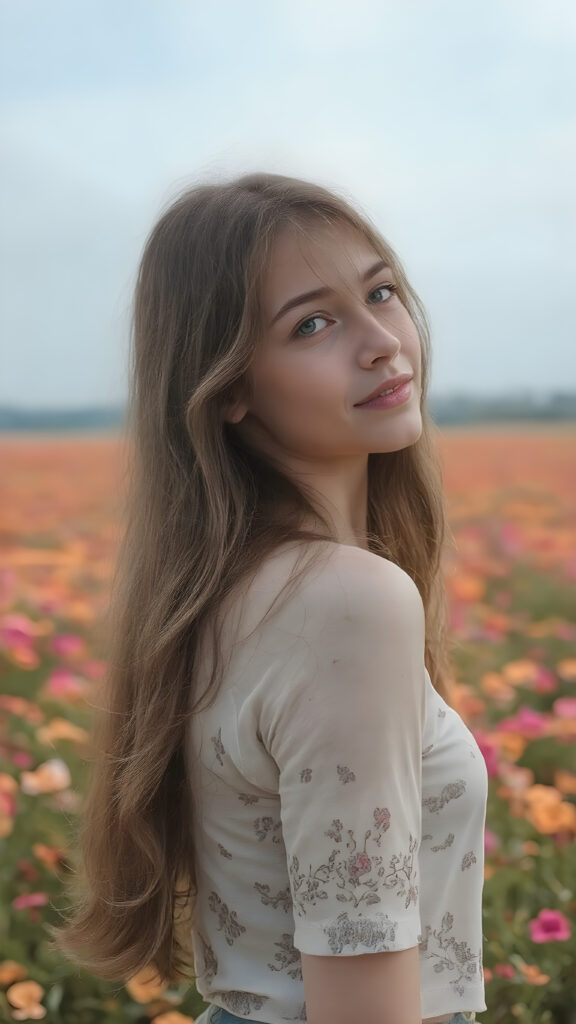 full body side image of a breathtakingly beautiful 19-year-old girl, showcasing her radiant complexion and striking long, straight brown hair framed by her exuding a serene and natural elegance. She is captivated by the vast, captivating flower field, her eyes reflecting the enchantment of the moment. Her attire is a perfectly executed (((lifted short t-shirt))), a masterpiece crafted from the finest fabric, highlighting her graceful figure in all the right places. The T-Shirt features intricate floral patterns and luxurious textures, perfectly accentuating her youthful beauty. Her hair is styled in loose, natural waves, adding to the ethereal atmosphere of the scene. The overall mood of the picture is one of youthful vitality and natural elegance, perfect body and face and a smile that radiates warmth and charm