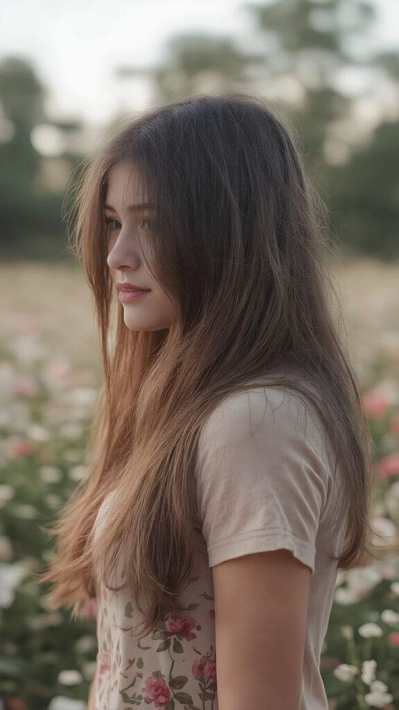 full body side image of a breathtakingly beautiful 19-year-old girl, showcasing her radiant complexion and striking long, straight brown hair framed by her exuding a serene and natural elegance. She is captivated by the vast, captivating flower field, her eyes reflecting the enchantment of the moment. Her attire is a perfectly executed (((lifted short t-shirt))), a masterpiece crafted from the finest fabric, highlighting her graceful figure in all the right places. The T-Shirt features intricate floral patterns and luxurious textures, perfectly accentuating her youthful beauty. Her hair is styled in loose, natural waves, adding to the ethereal atmosphere of the scene. The overall mood of the picture is one of youthful vitality and natural elegance, perfect body and face and a smile that radiates warmth and charm