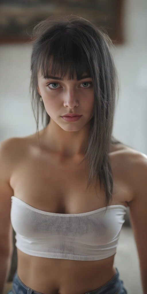 full body super realistic and detailed photo of a petite teen girl, with jet straight soft black hair cascading down to her waist, capturing big eyes with a seductive expression; wearing a very low cut, tight, low on the chest, white tank top, sheer, tight, accentuating her curves in a playful, alluring pose, where the focus is on her full figure