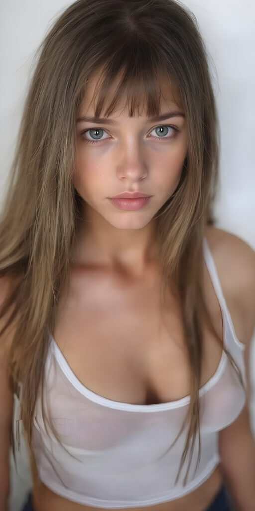 full body super realistic and detailed photo of a petite teen girl, with jet straight hair cascading down to her waist, capturing big eyes with a seductive expression; wearing a very low cut, tight, translucent, low on the chest, white tank top, sheer, tight, accentuating her curves in a playful, alluring pose, where the focus is on her full figure, perfect legs and a flirty gaze