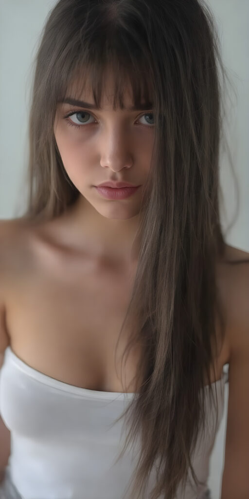 full body super realistic and detailed photo of a petite teen girl, with jet straight soft black hair cascading down to her waist, capturing big eyes with a seductive expression; wearing a very low cut, tight, low on the chest, white tank top, sheer, tight, accentuating her curves in a playful, alluring pose, where the focus is on her full figure