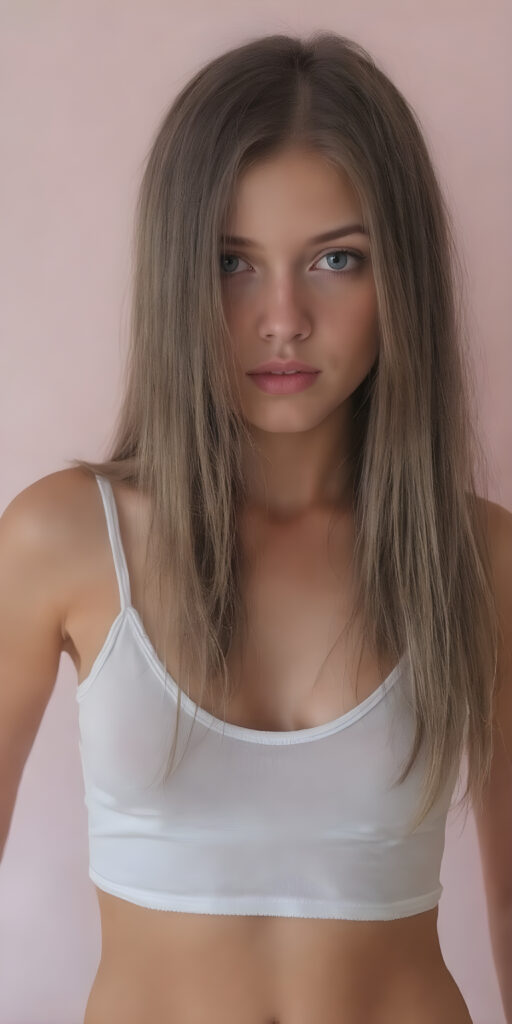 full body super realistic and detailed photo of a petite teen girl, with jet straight hair cascading down to her waist, capturing big eyes with a seductive expression; wearing a very low cut, tight, translucent, low on the chest, white tank top, sheer, tight, accentuating her curves in a playful, alluring pose, where the focus is on her full figure, perfect legs and a flirty gaze