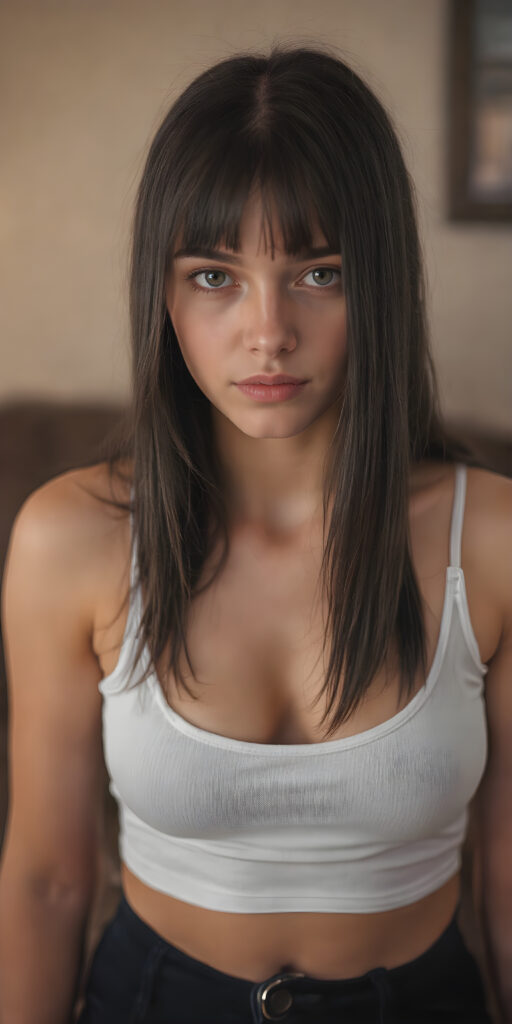 full body super realistic and detailed photo of a petite teen girl, with jet straight soft black hair cascading down to her waist, capturing big eyes with a seductive expression; wearing a very low cut, tight, low on the chest, white tank top, sheer, tight, accentuating her curves in a playful, alluring pose, where the focus is on her full figure