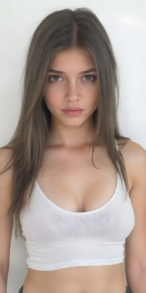 full body super realistic and detailed photo of a petite teen girl, with jet straight hair cascading down to her waist, capturing big eyes with a seductive expression; wearing a very low cut, tight, translucent, low on the chest, white tank top, sheer, tight, accentuating her curves in a playful, alluring pose, where the focus is on her full figure, perfect legs and a flirty gaze