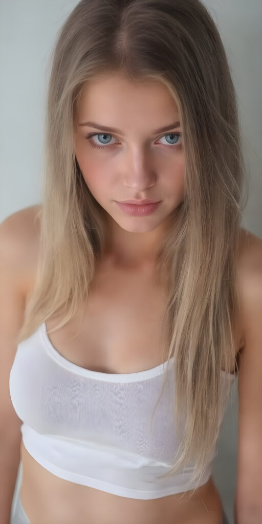 full body super realistic and detailed photo of a petite teen girl, with jet straight hair cascading down to her waist, capturing big eyes with a seductive expression; wearing a very low cut, tight, translucent, low on the chest, white tank top, sheer, tight, accentuating her curves in a playful, alluring pose, where the focus is on her full figure, perfect legs and a flirty gaze