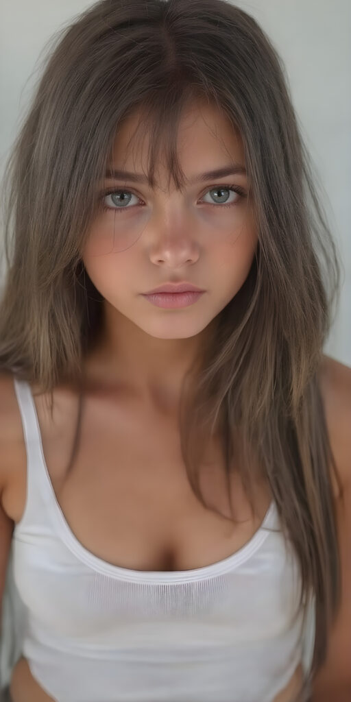 full body super realistic and detailed photo of a petite teen girl, with jet straight hair cascading down to her waist, capturing big eyes with a seductive expression; wearing a very low cut, tight, translucent, low on the chest, white tank top, sheer, tight, accentuating her curves in a playful, alluring pose, where the focus is on her full figure, perfect legs and a flirty gaze