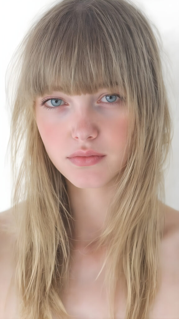 ((full body view)) of a (((cute, attractive and elegant looking teen girl))), she has (((long, straight and thick (pale hazelnut hair) with fringes that gently curve into a softly elegant shape))), which ((softly curls into a nice frilled shape)) at the front, and are long and straight with no bangs or fringe bangs. She has (((a beautifully realistic and detailed ((upper body)) that exudes a stunning level of detail and clarity))) that matches her perfectly natural and clear ((skin tone)) against a (white background) backdrop, where she looks ((sad but happy)) about the camera's focus capturing her attention to detail. Her ((gaze is on the camera)) at the end of the portrait shoot, she has ((nothing on top but a natural clear skin tone)), ((no fringe bangs or curly locks which match her perfect anatomy)), and she softly brushes her hair into a stylish shape that exudes elegance and sophistication, like she's ready for a fashion shoot in a high end studio.