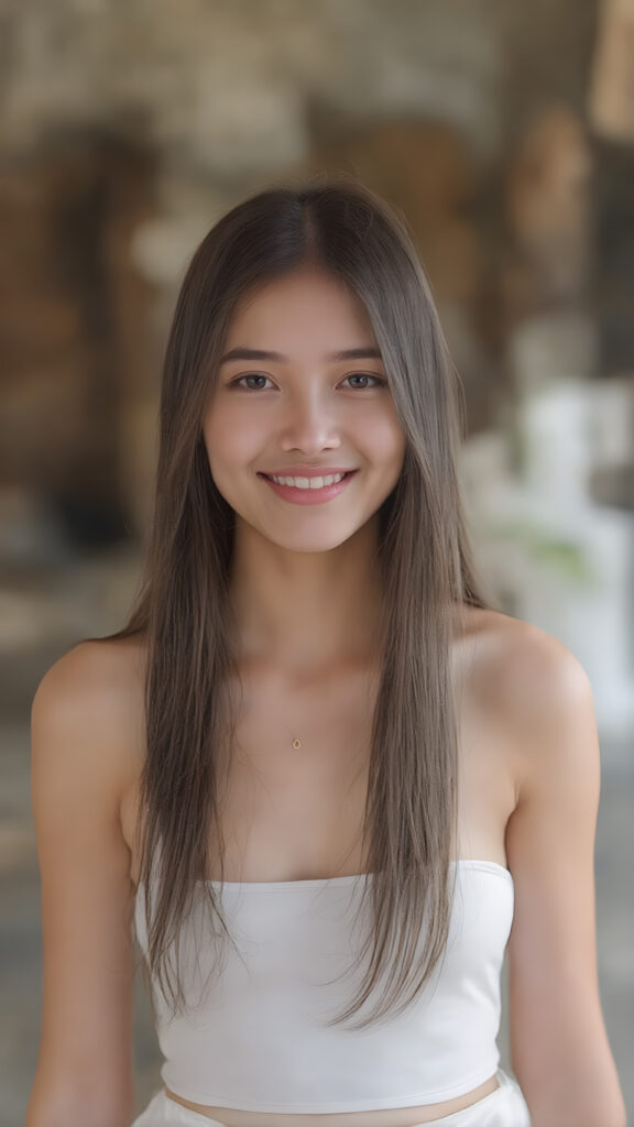 ((full body view)) of a (((beautiful, cute and elegant female Thai teen model))) with (((long, detailed straight maroon hair))), (((white short cropped spaghetti tank top))), showcasing her full figure with a (((warm smile))), (((looking at viewer))), in a (((break depth of field backdrop))), which gives the scene a luxurious, high end feel and a (((matching (long white skirt), that gives off a whimsically elegant vibe, she smile