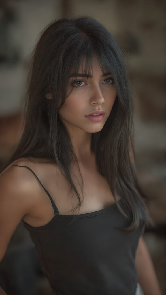 ((full body view)) of (((cute))) (((elegant))) ((attractive)) ((stunning)) ((female model)) hyper realistic, dynamic photography of beautiful cute teen girl, with detailed long full black hair, realistic and detailed eyes, looking sadly into the camera, wears tight tank top, super short round mini skirt, perfect curved body, dynamic cinematic lights, full body shot, exotic perfect detailed face, ultra hyper detailed, side view