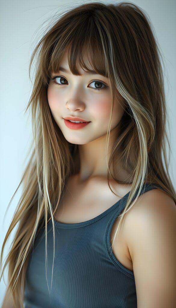 ((full body view)) of (((cute))) (((elegant))) ((attractive)) (((long, messy, straight hair))) ((stunning)) a beautifully realistic, cinematic lights, teen girl, bangs haircut, detailed hazelnut hair and white highlights, realistic detailed angelic round face, ((realistic detailed brown eye)) looks very happy at the camera, portrait shot, perfect curved, wears a super short tight (grey tank top), perfect anatomy, white background, side perspective, ((no background))