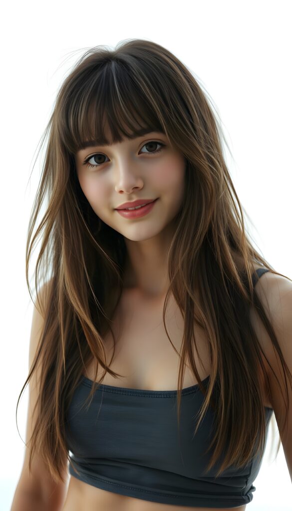 ((full body view)) of (((cute))) (((elegant))) ((attractive)) (((long, messy, straight hair))) ((stunning)) a beautifully realistic, cinematic lights, teen girl, bangs haircut, detailed hazelnut hair and white highlights, realistic detailed angelic round face, ((realistic detailed brown eye)) looks very happy at the camera, portrait shot, perfect curved, wears a super short tight (grey tank top), perfect anatomy, white background, side perspective, ((no background))