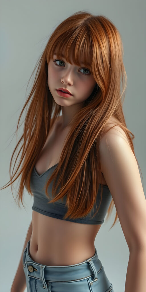 ((full body view)) of (((cute))) (((elegant))) ((attractive)) (((long, messy, straight hair, same length right and left))) ((stunning)) a beautifully realistic, cinematic lights, well busty teen girl, bangs haircut, detailed red hair, realistic detailed angelic face, ((realistic detailed brown eye)) looks sadly at the camera, perfect curved, wears a super short tight (grey cropped spaghetti tank top, deep v-neck), super short jeans pants, perfect anatomy, light grey background