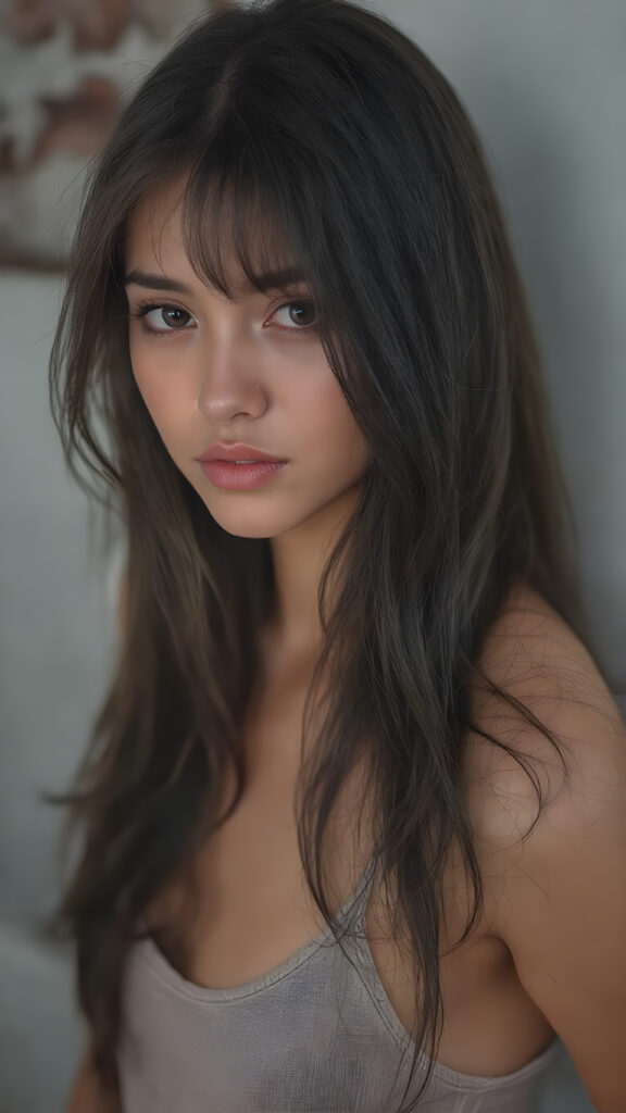 ((full body view)) of (((cute))) (((elegant))) ((attractive)) ((stunning)) ((female model)) hyper realistic, dynamic photography of beautiful cute teen girl, with detailed long full black hair, realistic and detailed eyes, looking sadly into the camera, wears tight tank top, super short round mini skirt, perfect curved body, dynamic cinematic lights, full body shot, exotic perfect detailed face, ultra hyper detailed, side view