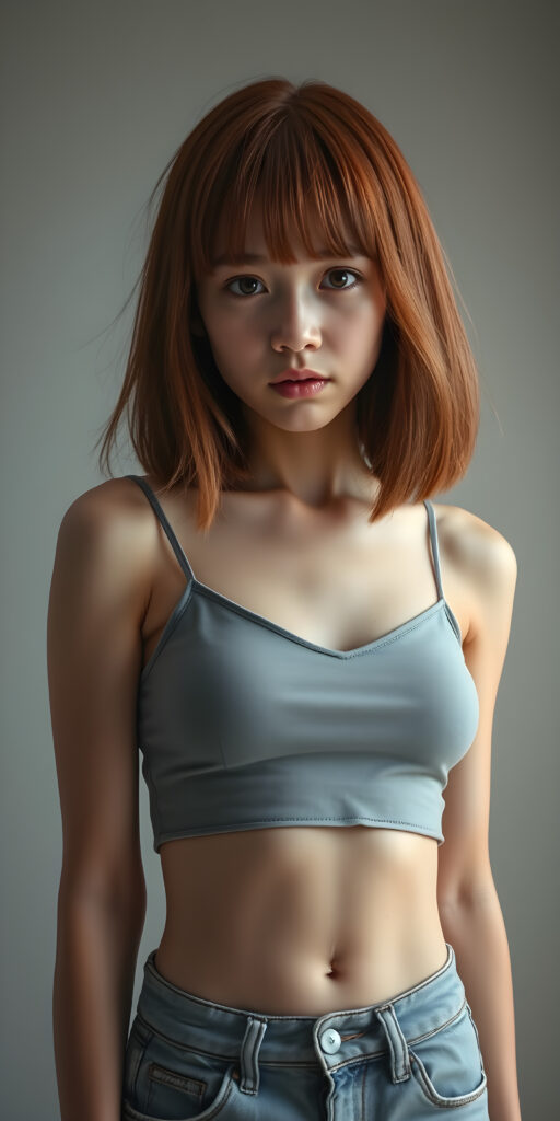 ((full body view)) of (((cute))) (((elegant))) ((attractive)) (((straight open soft hair, same length right and left, bob cut))) ((stunning)) a beautifully realistic, cinematic lights, well busty teen girl, bangs haircut, detailed red hair, realistic detailed angelic face, ((realistic detailed brown eye)) looks sadly at the camera, perfect curved, wears a super short tight plain and flat (grey cropped spaghetti tank top, deep v-neck), super short jeans pants, perfect anatomy, light grey background