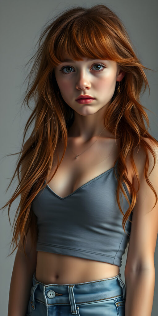 ((full body view)) of (((cute))) (((elegant))) ((attractive)) (((long, messy, wavy hair, same length right and left))) ((stunning)) a beautifully realistic, cinematic lights, well busty teen girl, bangs haircut, detailed red hair, realistic detailed angelic face, ((realistic detailed brown eye)) looks sadly at the camera, perfect curved, wears a super short tight (grey cropped spaghetti tank top, deep v-neck), super short jeans pants, perfect anatomy, light grey background