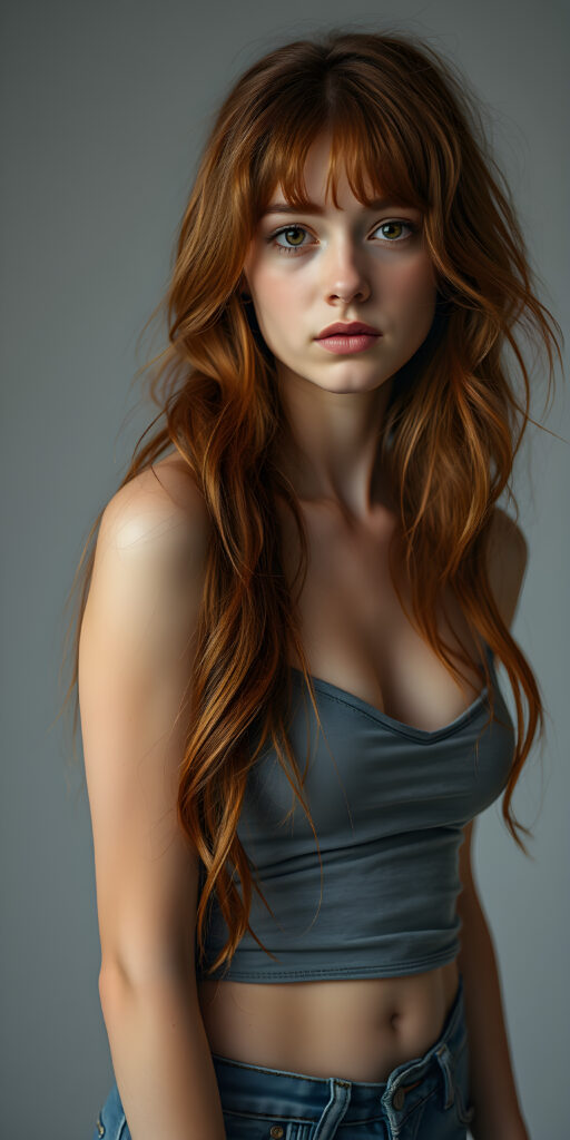 ((full body view)) of (((cute))) (((elegant))) ((attractive)) (((long, messy, wavy hair, same length right and left))) ((stunning)) a beautifully realistic, cinematic lights, well busty teen girl, bangs haircut, detailed red hair, realistic detailed angelic face, ((realistic detailed brown eye)) looks sadly at the camera, perfect curved, wears a super short tight (grey cropped spaghetti tank top, deep v-neck), super short jeans pants, perfect anatomy, light grey background