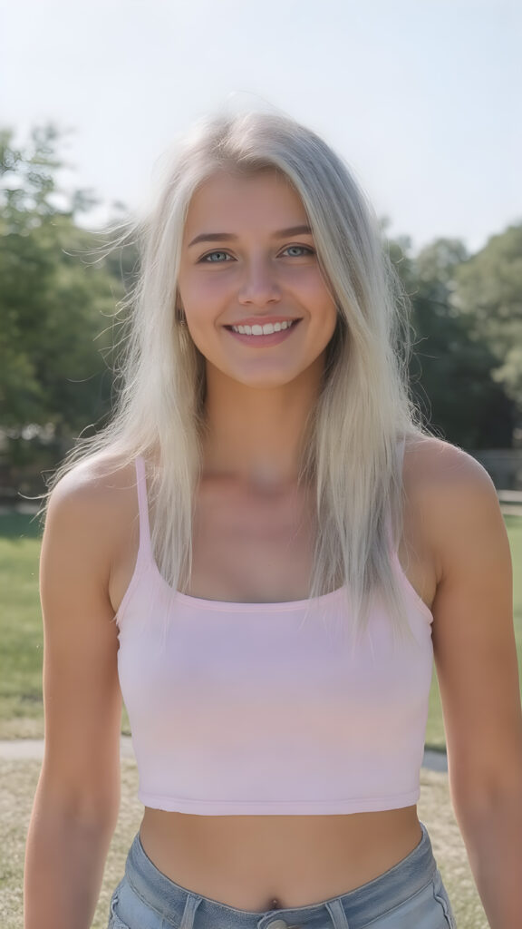 ((full body view)) of a beautiful young teen girl, with perfectly straight white teeth, and perfectly aligned eyes, in a bright summer day at the park. She's happy and smiling, with a flawless complexion and perfectly made-up eyes, that stand out against her beautifully proportioned figure. Her long, straight white hair cascades down her back, while her perfectly proportioned legs command attention. She wears a very tight, belly-free cropped tank top, which accentuates her slender frame. Her smile is bright blue and cheerful, and her eyes stand out against her perfectly proportioned face