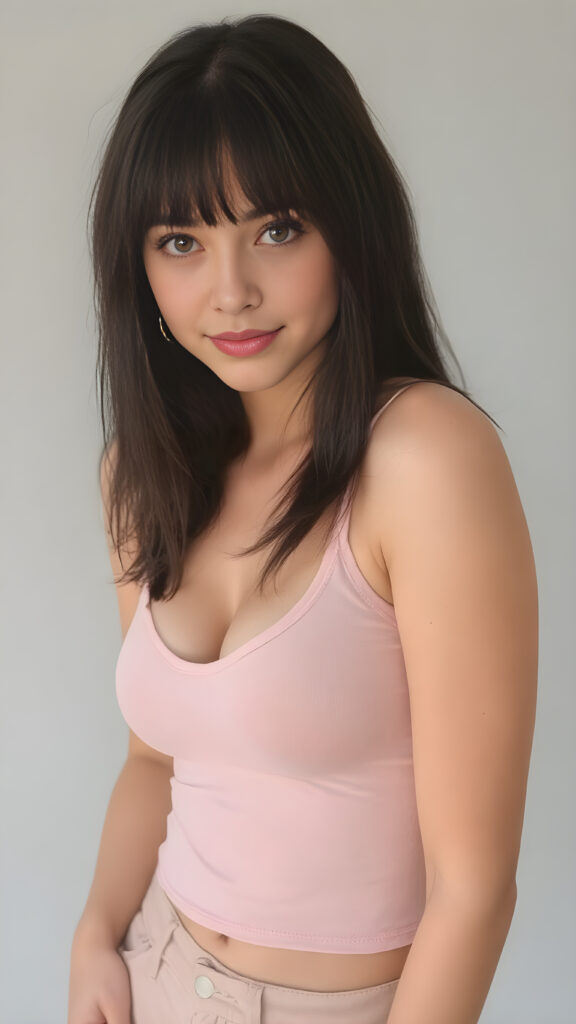 ((full body view)) (((cute))) (((gorgeous))) ((stunning)) ((portrait side shot)) ((female model)) (upper body), (best quality, masterpiece), deep shadow, depth of field, photo with beautiful saturation, ultra high resolution, young well busty teen girl, wears a ((super short form-fitting low cut tight (thin tank top, deep v-neck))), super short pants, looks at the camera, looking at viewer, warm smile, highly detailed, ultra realistic round face, beautiful eyes, ((realistic detailed straight (black hair))), perfect curved body, (((no background (empty background))))