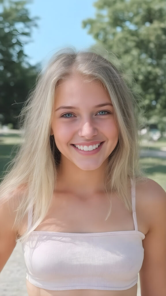 ((full body view)) of a beautiful young teen girl, with perfectly straight white teeth, and perfectly aligned eyes, in a bright summer day at the park. She's happy and smiling, with a flawless complexion and perfectly made-up eyes, that stand out against her beautifully proportioned figure. Her long, straight white hair cascades down her back, while her perfectly proportioned legs command attention. She wears a very tight, belly-free cropped tank top, which accentuates her slender frame. Her smile is bright blue and cheerful, and her eyes stand out against her perfectly proportioned face