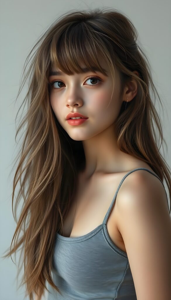((full body view)) of (((cute))) (((elegant))) ((attractive)) (((long, messy, straight hair))) ((stunning)) a beautifully realistic, cinematic lights, teen girl, bangs haircut, detailed hazelnut hair and white highlights, realistic detailed angelic round face, ((realistic detailed brown eye)) looks very happy at the camera, portrait shot, perfect curved, wears a super short tight (grey tank top), perfect anatomy, white background, side perspective, ((no background))