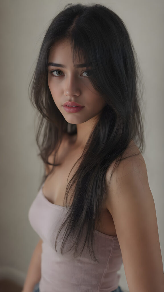 ((full body view)) of (((cute))) (((elegant))) ((attractive)) ((stunning)) ((female model)) hyper realistic, dynamic photography of beautiful cute teen girl, with detailed long full black hair, realistic and detailed eyes, looking sadly into the camera, wears tight tank top, super short round mini skirt, perfect curved body, dynamic cinematic lights, full body shot, exotic perfect detailed face, ultra hyper detailed, side view