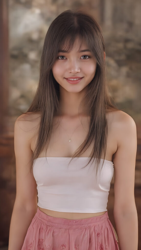 ((full body view)) of a (((beautiful, cute and elegant female Asian teen model))) with (((long, detailed straight maroon hair))), (((white short cropped spaghetti tank top))), showcasing her full figure with a (((warm smile))), (((looking at viewer))), in a (((break depth of field backdrop))), which gives the scene a luxurious, high end feel and a (((matching (long skirt) with embroidered rose patterns on the bottom))), that gives off a whimsically elegant vibe.