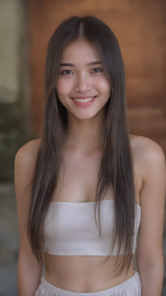 ((full body view)) of a (((beautiful, cute and elegant female Thai teen model))) with (((long, detailed straight maroon hair))), (((white short cropped spaghetti tank top))), showcasing her full figure with a (((warm smile))), (((looking at viewer))), in a (((break depth of field backdrop))), which gives the scene a luxurious, high end feel and a (((matching (long white skirt), that gives off a whimsically elegant vibe, she smile