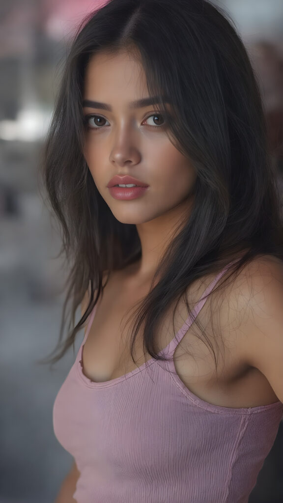 ((full body view)) of (((cute))) (((elegant))) ((attractive)) ((stunning)) ((female model)) hyper realistic, dynamic photography of beautiful cute teen girl, with detailed long full black hair, realistic and detailed eyes, looking sadly into the camera, wears tight tank top, super short round mini skirt, perfect curved body, dynamic cinematic lights, full body shot, exotic perfect detailed face, ultra hyper detailed, side view