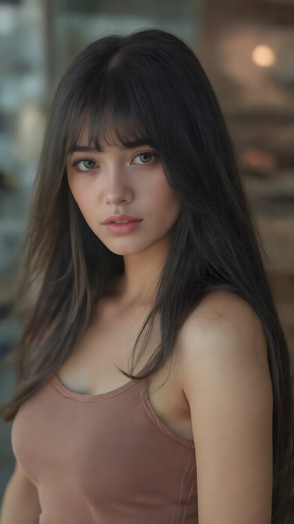 ((full body view)) of (((cute))) (((elegant))) ((attractive)) ((stunning)) ((female model)) hyper realistic, dynamic photography of beautiful cute teen girl, with detailed long full black hair, realistic and detailed eyes, looking sadly into the camera, wears tight tank top, super short round mini skirt, perfect curved body, dynamic cinematic lights, full body shot, exotic perfect detailed face, ultra hyper detailed, side view