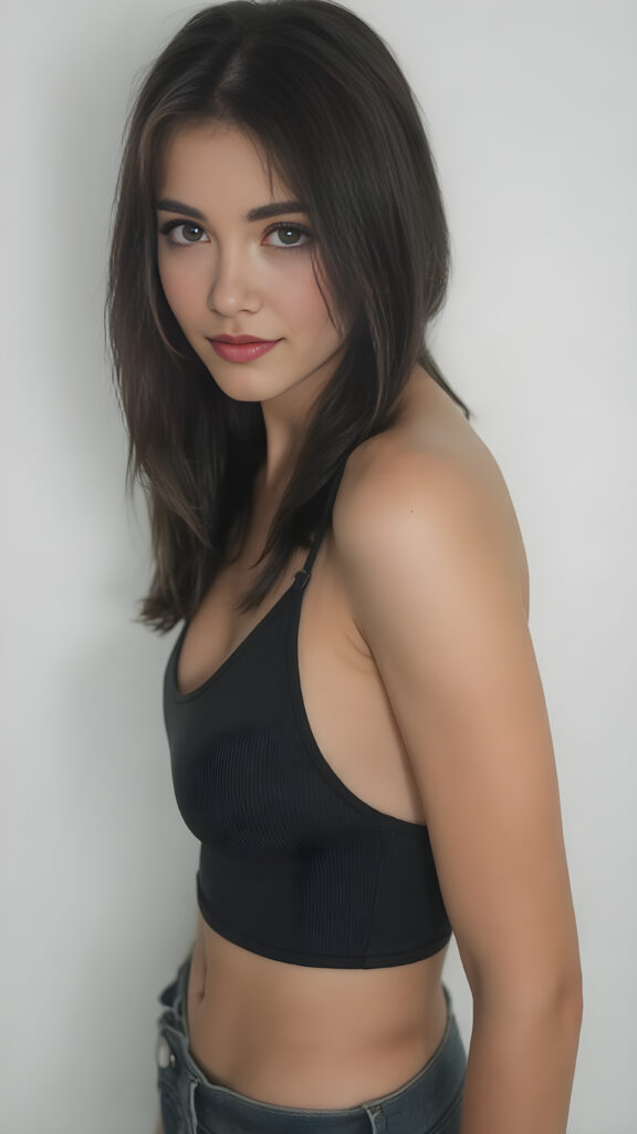 ((full body view)) (((cute))) (((gorgeous))) ((stunning)) ((portrait side shot)) ((female model)) (upper body), (best quality, masterpiece), deep shadow, depth of field, photo with beautiful saturation, ultra high resolution, young well busty teen girl, wears a ((super short form-fitting low cut tight (thin tank top, deep v-neck))), super short pants, looks at the camera, looking at viewer, warm smile, highly detailed, ultra realistic round face, beautiful eyes, ((realistic detailed straight (black hair))), perfect curved body, (((no background (empty background))))