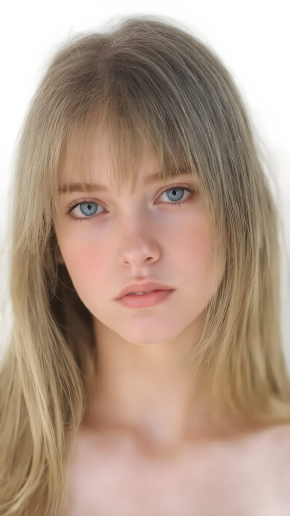 ((full body view)) of a (((cute, attractive and elegant looking teen girl))), she has (((long, straight and thick (pale hazelnut hair) with fringes that gently curve into a softly elegant shape))), which ((softly curls into a nice frilled shape)) at the front, and are long and straight with no bangs or fringe bangs. She has (((a beautifully realistic and detailed ((upper body)) that exudes a stunning level of detail and clarity))) that matches her perfectly natural and clear ((skin tone)) against a (white background) backdrop, where she looks ((sad but happy)) about the camera's focus capturing her attention to detail. Her ((gaze is on the camera)) at the end of the portrait shoot, she has ((nothing on top but a natural clear skin tone)), ((no fringe bangs or curly locks which match her perfect anatomy)), and she softly brushes her hair into a stylish shape that exudes elegance and sophistication, like she's ready for a fashion shoot in a high end studio.