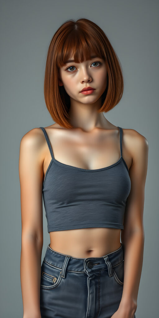 ((full body view)) of (((cute))) (((elegant))) ((attractive)) (((straight open soft hair, same length right and left, bob cut))) ((stunning)) a beautifully realistic, cinematic lights, well busty teen girl, bangs haircut, detailed red hair, realistic detailed angelic face, ((realistic detailed brown eye)) looks sadly at the camera, perfect curved, wears a super short tight plain and flat (grey cropped spaghetti tank top, deep v-neck), super short jeans pants, perfect anatomy, light grey background