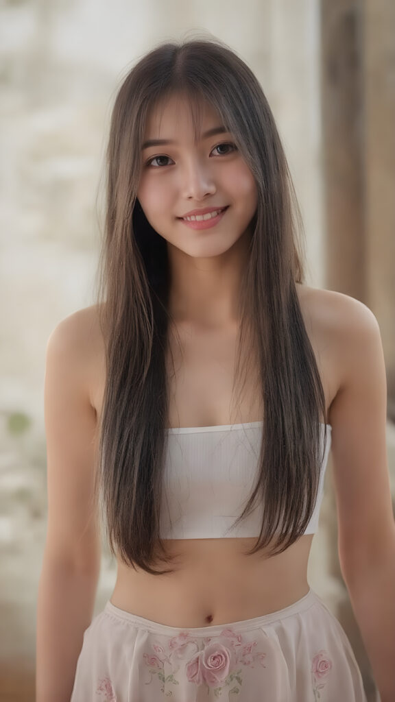 ((full body view)) of a (((beautiful, cute and elegant female Asian teen model))) with (((long, detailed straight maroon hair))), (((white short cropped spaghetti tank top))), showcasing her full figure with a (((warm smile))), (((looking at viewer))), in a (((break depth of field backdrop))), which gives the scene a luxurious, high end feel and a (((matching (long skirt) with embroidered rose patterns on the bottom))), that gives off a whimsically elegant vibe.