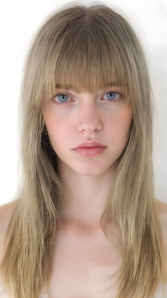 ((full body view)) of a (((cute, attractive and elegant looking teen girl))), she has (((long, straight and thick (pale hazelnut hair) with fringes that gently curve into a softly elegant shape))), which ((softly curls into a nice frilled shape)) at the front, and are long and straight with no bangs or fringe bangs. She has (((a beautifully realistic and detailed ((upper body)) that exudes a stunning level of detail and clarity))) that matches her perfectly natural and clear ((skin tone)) against a (white background) backdrop, where she looks ((sad but happy)) about the camera's focus capturing her attention to detail. Her ((gaze is on the camera)) at the end of the portrait shoot, she has ((nothing on top but a natural clear skin tone)), ((no fringe bangs or curly locks which match her perfect anatomy)), and she softly brushes her hair into a stylish shape that exudes elegance and sophistication, like she's ready for a fashion shoot in a high end studio.