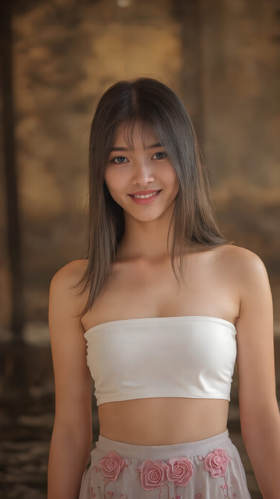 ((full body view)) of a (((beautiful, cute and elegant female Asian teen model))) with (((long, detailed straight maroon hair))), (((white short cropped spaghetti tank top))), showcasing her full figure with a (((warm smile))), (((looking at viewer))), in a (((break depth of field backdrop))), which gives the scene a luxurious, high end feel and a (((matching (long skirt) with embroidered rose patterns on the bottom))), that gives off a whimsically elegant vibe.