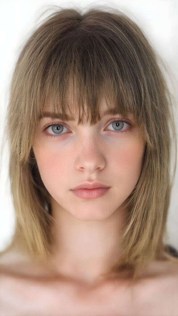 ((full body view)) of a (((cute, attractive and elegant looking teen girl))), she has (((long, straight and thick (pale hazelnut hair) with fringes that gently curve into a softly elegant shape))), which ((softly curls into a nice frilled shape)) at the front, and are long and straight with no bangs or fringe bangs. She has (((a beautifully realistic and detailed ((upper body)) that exudes a stunning level of detail and clarity))) that matches her perfectly natural and clear ((skin tone)) against a (white background) backdrop, where she looks ((sad but happy)) about the camera's focus capturing her attention to detail. Her ((gaze is on the camera)) at the end of the portrait shoot, she has ((nothing on top but a natural clear skin tone)), ((no fringe bangs or curly locks which match her perfect anatomy)), and she softly brushes her hair into a stylish shape that exudes elegance and sophistication, like she's ready for a fashion shoot in a high end studio.