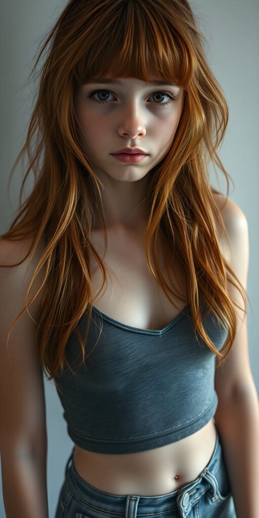 ((full body view)) of (((cute))) (((elegant))) ((attractive)) (((long, messy, wavy hair, same length right and left))) ((stunning)) a beautifully realistic, cinematic lights, well busty teen girl, bangs haircut, detailed red hair, realistic detailed angelic face, ((realistic detailed brown eye)) looks sadly at the camera, perfect curved, wears a super short tight (grey cropped spaghetti tank top, deep v-neck), super short jeans pants, perfect anatomy, light grey background