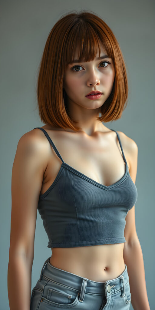 ((full body view)) of (((cute))) (((elegant))) ((attractive)) (((straight open soft hair, same length right and left, bob cut))) ((stunning)) a beautifully realistic, cinematic lights, well busty teen girl, bangs haircut, detailed red hair, realistic detailed angelic face, ((realistic detailed brown eye)) looks sadly at the camera, perfect curved, wears a super short tight plain and flat (grey cropped spaghetti tank top, deep v-neck), super short jeans pants, perfect anatomy, light grey background