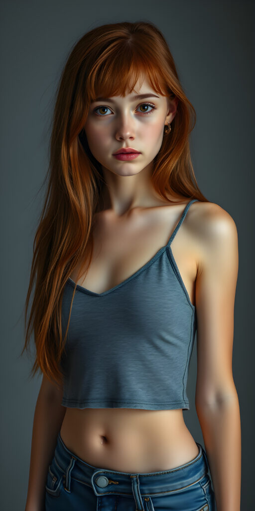 ((full body view)) of (((cute))) (((elegant))) ((attractive)) (((long, messy, straight hair, same length right and left))) ((stunning)) a beautifully realistic, cinematic lights, well busty teen girl, bangs haircut, detailed red hair, realistic detailed angelic face, ((realistic detailed brown eye)) looks sadly at the camera, perfect curved, wears a super short tight (grey cropped spaghetti tank top, deep v-neck), super short jeans pants, perfect anatomy, light grey background